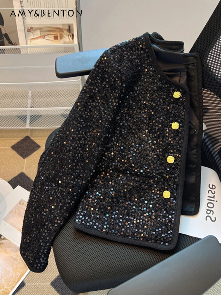 French Style Temperament High-Grade Sequined Single Breasted Short Jackets Spring New Loose Slim Round Neck Fashion Elegant Coat