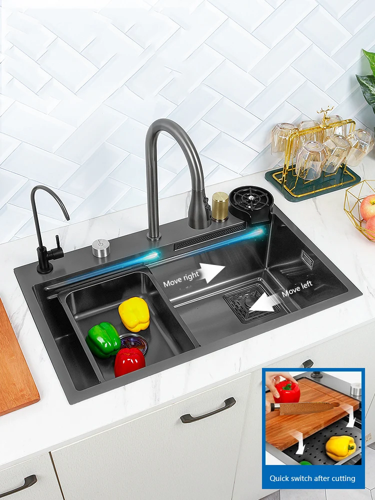 

304 Stainless Steel Black Nano Kitchen Sink Waterfall Basin Large Single Slot With Faucet For