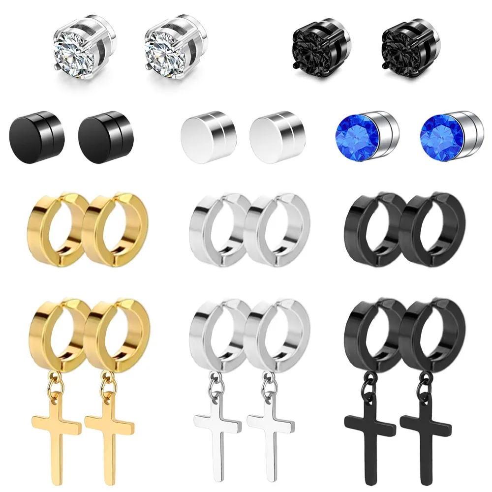 1 Pair/11 Pairs Magnetic Cubic Zirconia Fake Stud Earrings Clip on Non Pierced Dangle Cross Hoop Earrings Set for Men Women hoop earrings,stud earrings,ear clip earrings,clip earrings,ear clip,ear accessories,magnetic earrings