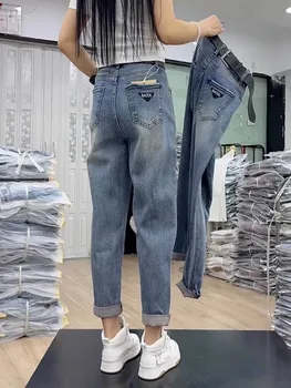 Pantaloni da donna di grandi dimensioni 2025 Nuovi jeans slim a vita alta Autunno Inverno Pantaloni Harun in denim dritto casual vintage facili da abbinare 1