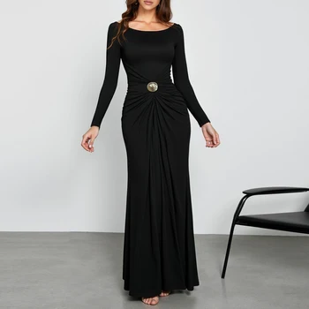 Mia Muse All Season Fashion Elegant 2025 Solid Color Long Sleeve Round-Neck Nipped Waists Dresses For Women