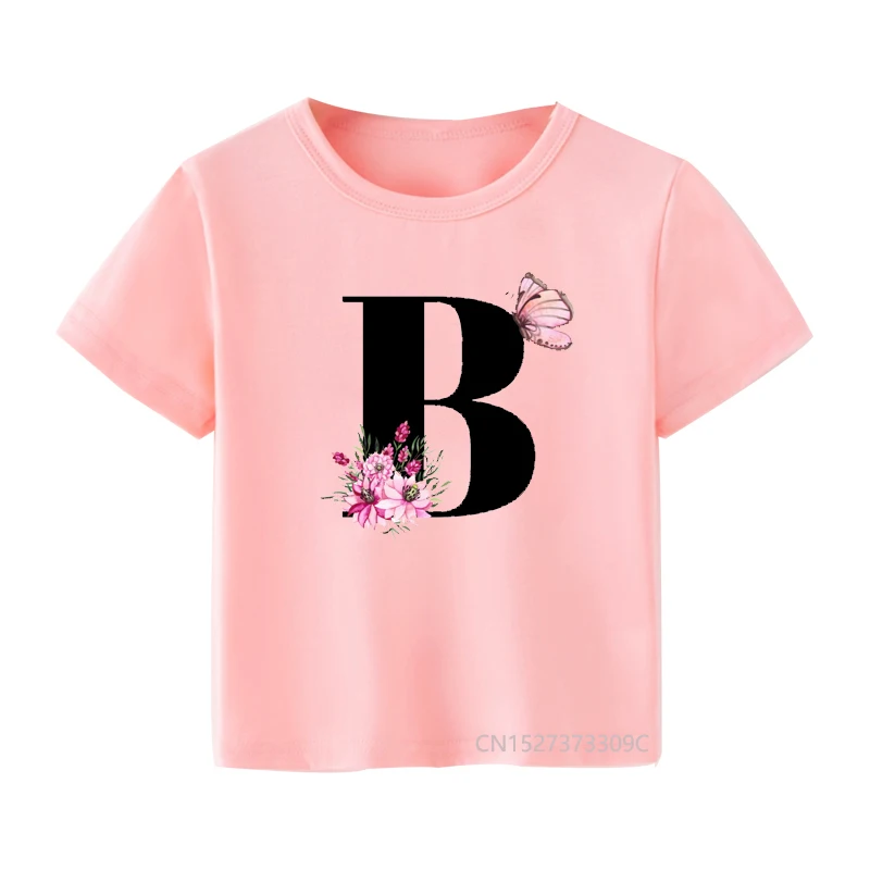 

Letters Flowers And Butterflies Printed Kids Peach Pink T Shirt Kawaii Girls Tops Child Casual T-Shirt Summer Fashion Tees