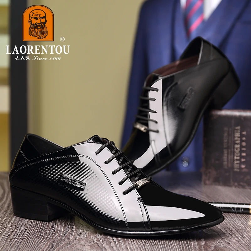 LAORENTOU layer cowhide breathable business dress leather shoes with lace up middle heel Derby groom's wedding shoes 2 mens leather dress shoes
