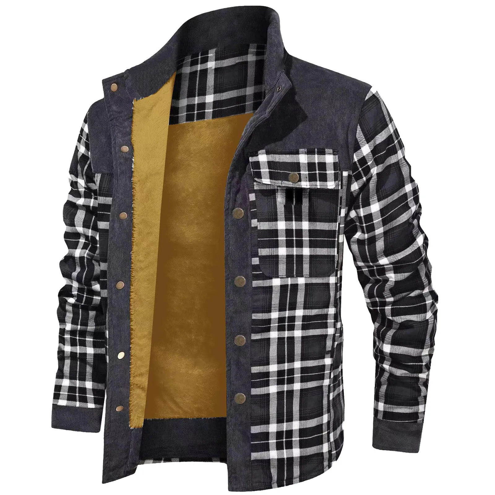 Fall Winter Men's Plaid Print Casual Jackets Fashion Vintage Long Sleeve Stand Collar Single Breasted Warm Fleece Lined Outwears 5