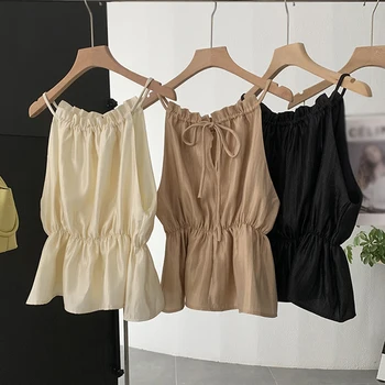 Sexy Women's Sleeveless Top Waistband Satin Finish Hanging Neck Ladies Vest Summer Solid color Bilayer Design