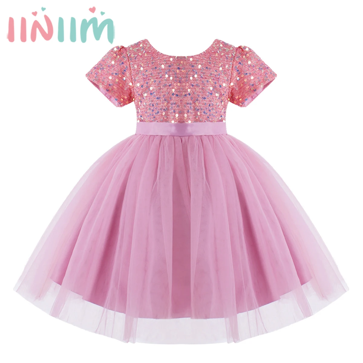 

Детское платье принцессы с блестками для девочек, бальное платье с круглым вырезом и коротким рукавом, пышное вечерние атиновое вечернее платье для свадьбы, дня рождения