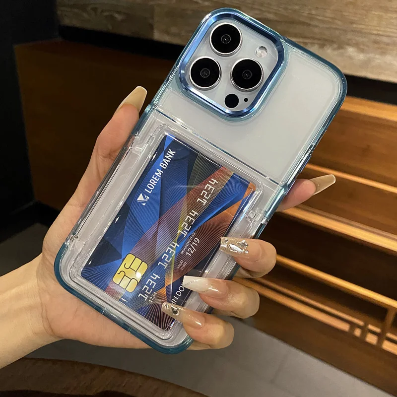 Transparent Flip Card Wallet Holder Case - Shockproof Acrylic Hard Back Cover with Stand