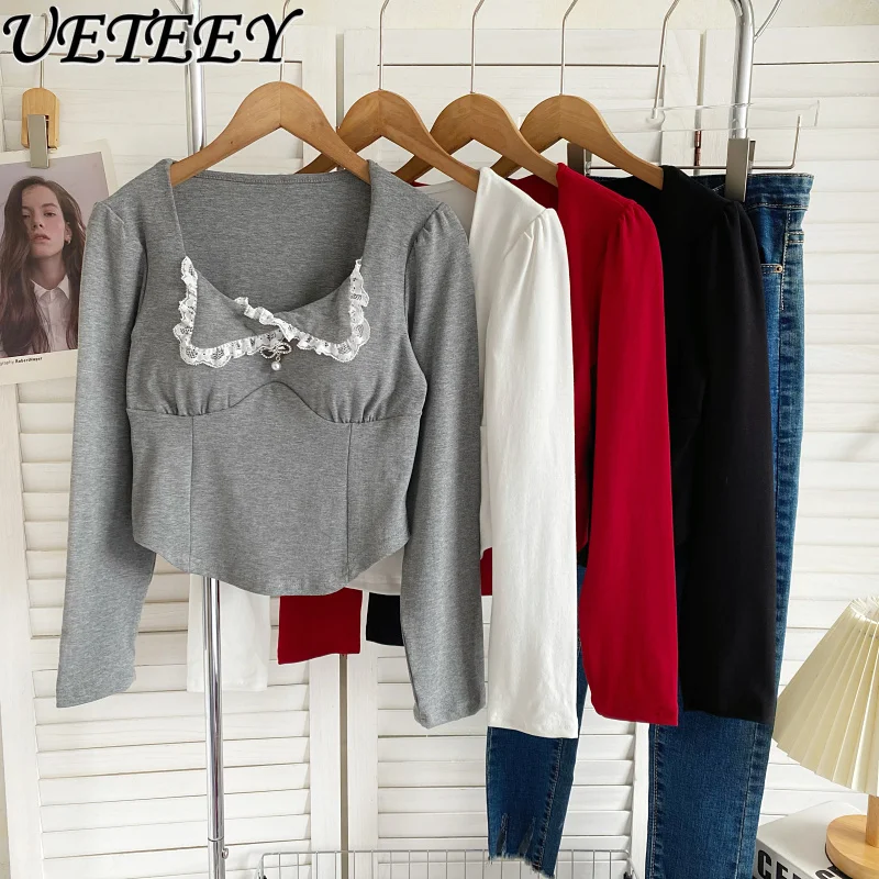 

Sweet All-Matching Contrast Color Lace Square Collar Long Sleeve Pure Desire Slim Fit Base Cropped T-shirt Autumn Winter Tops