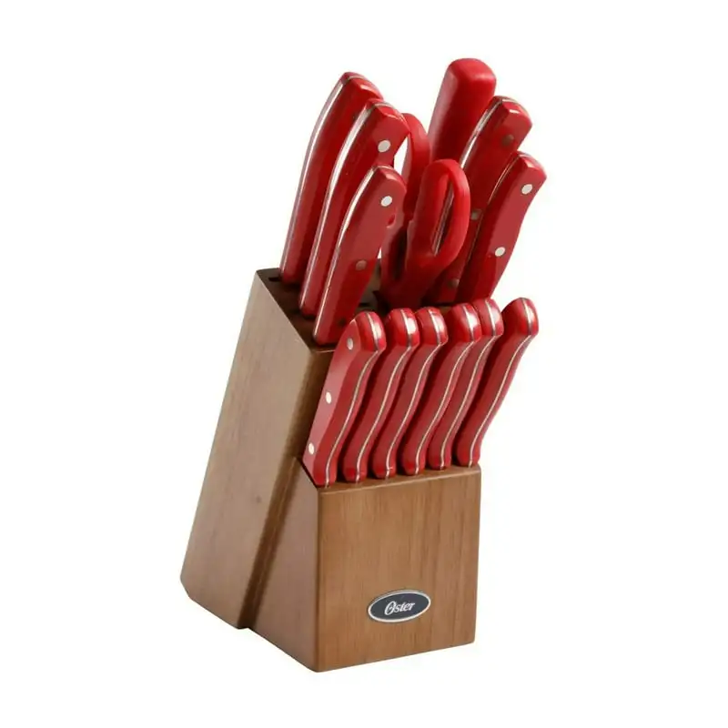

14 Piece Stainless Steel Cutlery Set with Red Plastic Handle and Black Rubber Wood Block Gold utensil Wood utensil set Plastic p