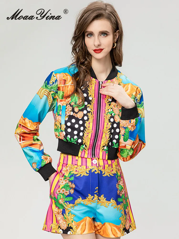 

MoaaYina/осенний модный подиумный комплект с винтажным принтом и шортами, женский короткий жакет с рукавами-фонариками + Прямые шорты, комплект из 2 предметов