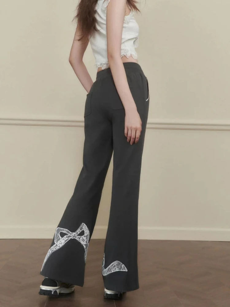 ADAgirl Bows High Waist Flare Pants Women Y2k Fashion Loose Casual Lace Wide Leg Kpop Boot Cut Trouser Streetwear Causal Bottoms adagirl bows high waist flare pants women y2k fashion loose casual lace wide leg kpop boot cut trouser streetwear causal bottoms