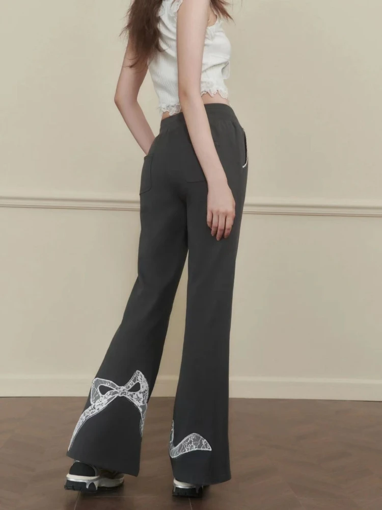 ADAgirl Bows High Waist Flare Pants Women Y2k Fashion Loose Casual Lace Wide Leg Kpop Boot Cut Trouser Streetwear Causal Bottoms adagirl vintage cargo flare jeans women y2k fashion loose pocket high waist boot cut denim pants 90s streetwear wide leg bottoms