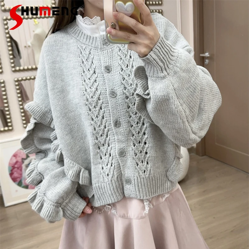 

Autumn And Winter New Japanese Cardigan White Ribbon Knitwear Loose Ruffled Sweet O-Neck Batwing Sleeve Sweater Bottoming Shirt