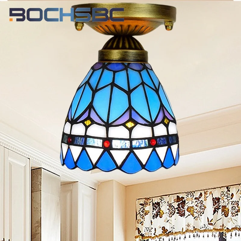 

BOCHSBC Tiffany style stained glass 6 inch Mediterranean feather ceiling light for bedroom hallway hallway balcony LED decor