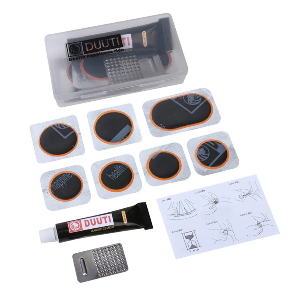 

Bike Tire Repair Tools Kit Bicycle Inner Tube Flat Puncture 7pcs Patch + Vulcanizing Glue + Grinder For Rubber With Clear Box