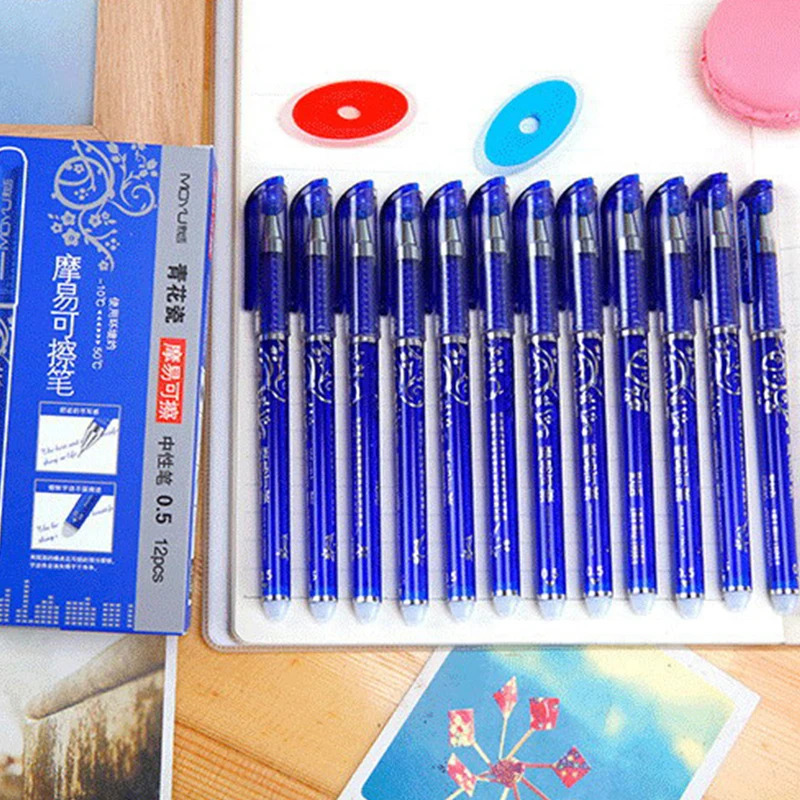 12pcs 0.5mm Writing Nib Rod Erasable Ballpoint Pen Erase Blue Black Ink