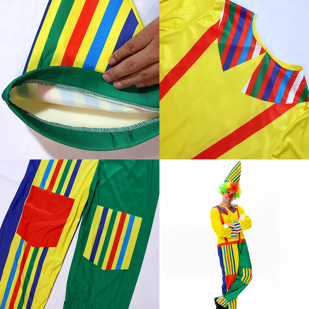 Clown Costume Jumpsuit Hat Colored Wig False Nose Adult Men Cosplay Party Clothes Entertaining Activities Dress Up