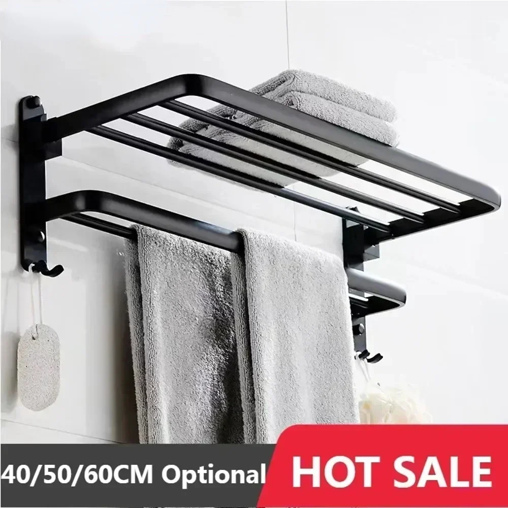 

40/50/60CM Double Layer Towel Rack Black Non Drilling Movable Wall Mounted Bracket Aluminum Shower Rack Bathroom Accessories