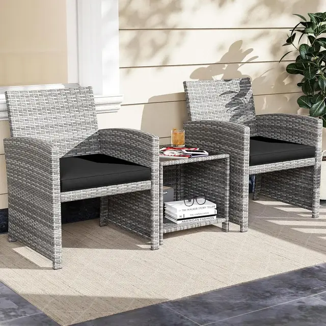 3-Piece Outdoor Wicker Bistro Set with Cushions, Black Rattan Patio Furniture for Porch, Backyard, Balcony 2