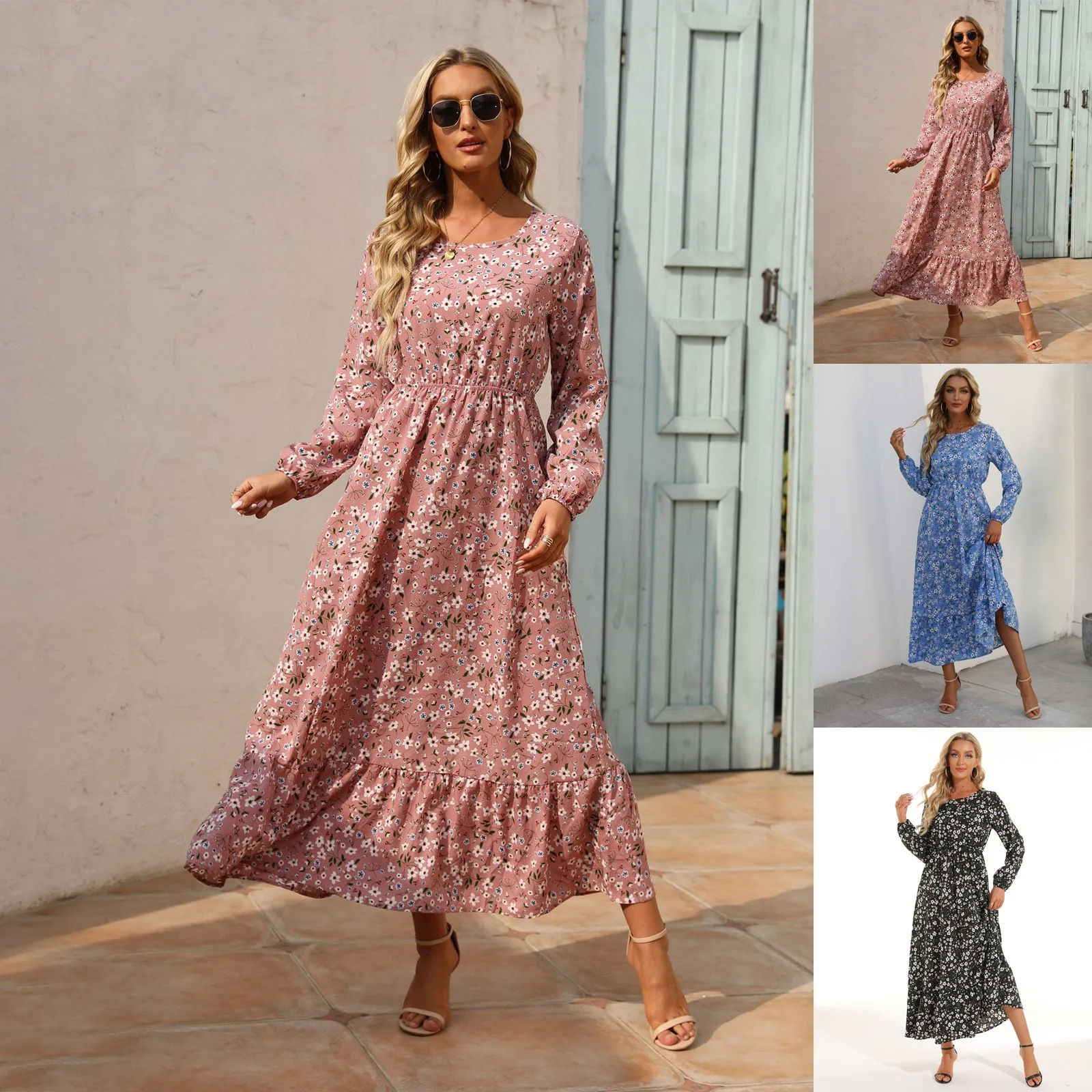 

2024 New Sping Summer Bohemian Women Maxi Dress Casual Long Sleeve High Waist Beach Woman Chiffon Dresses Floral Vestidoes Mujer