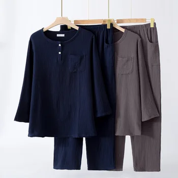 Pigiama da uomo nuovo stile primavera ed estate 100% cotone crepe pantaloni a maniche lunghe a due bottoni abito da casa per il tempo libero in due pezzi 1