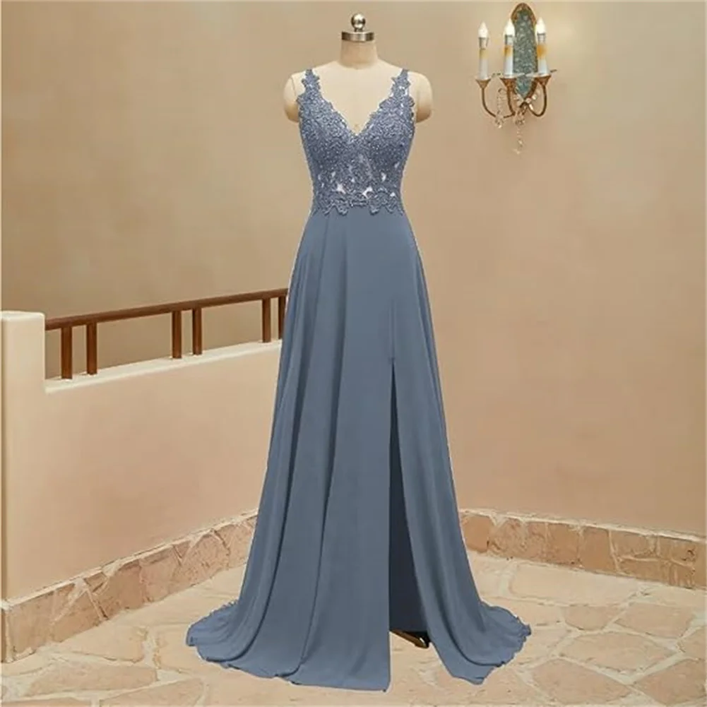 Customized Lace Appliques Chiffon Bridesmaid Dresses Long Beaded Prom Dress  A Line Formal Party Evening Gown For Women With Slit - AliExpress 320