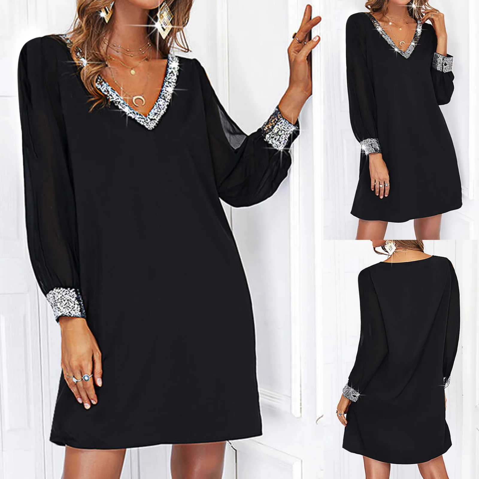 

Midi Dress with Slit Women Shiny Mesh Stitching Glamorous Black V Neck Mini Dress Body Dressed Women Maxi Dresses Long Sleeve