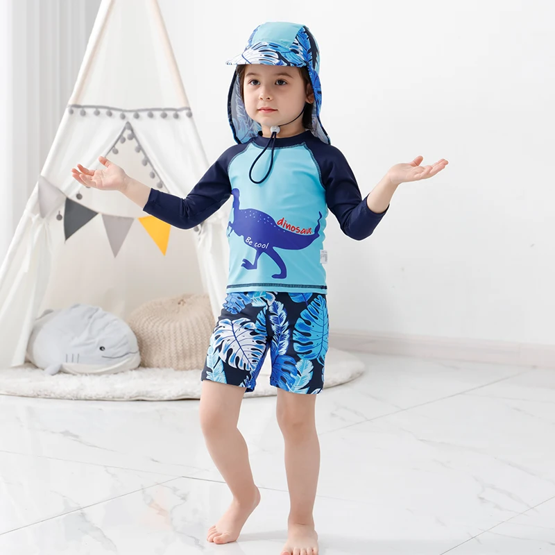 2-16 Y Children's One Piece Swimsuit Blue Dinosaur Set with Swimwear Cap Boys Summer Beachwear