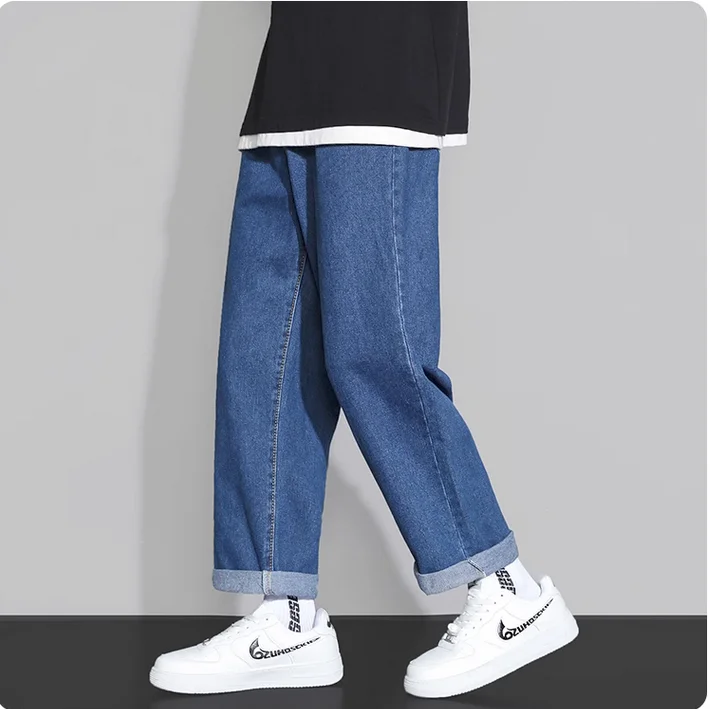 

Curled men's jeans autumn vintage casual loose fitting straight leg pants