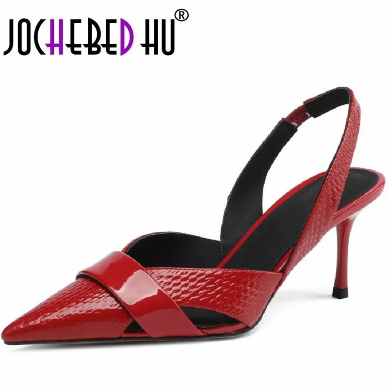 Brand Genuine Leather Pointed Toe Slingback Kitten Heel Sandals Women Stiletto High Heels Summer Designer Party