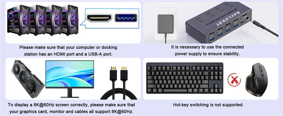 4K 240Hz 4X1 HDMI KVM Switcher 4 Port 8K USB HDMI KVM 4 PC Switch 144Hz Docking