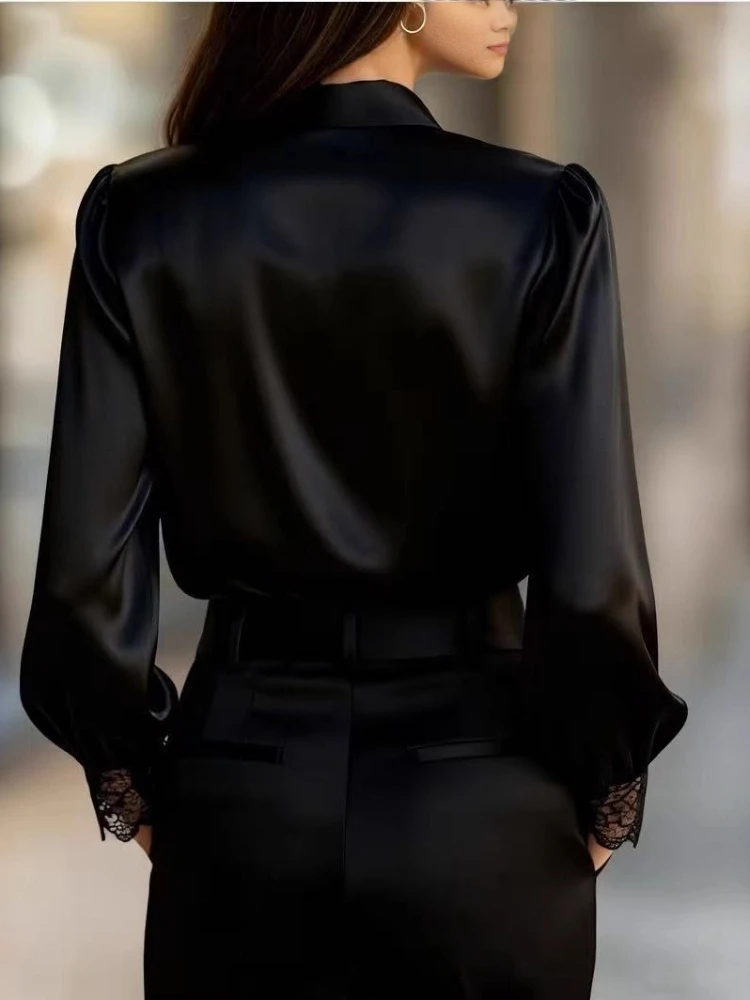 Spring Summer Women's Lapel Cardigan Bubble Sleeve Blouse Solid Color Fashion Long Sleeve Lace Shirt Elegant Women's Clothing