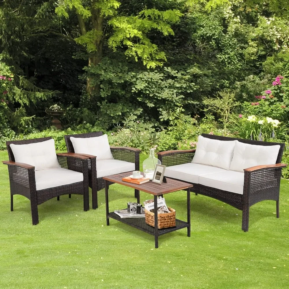 4-Piece Patio Furniture Set, Patiojoy Acacia Wood Outdoor PE Wicker Conversation Set with Cushions,PE Rattan Sectional Sofa Set 3