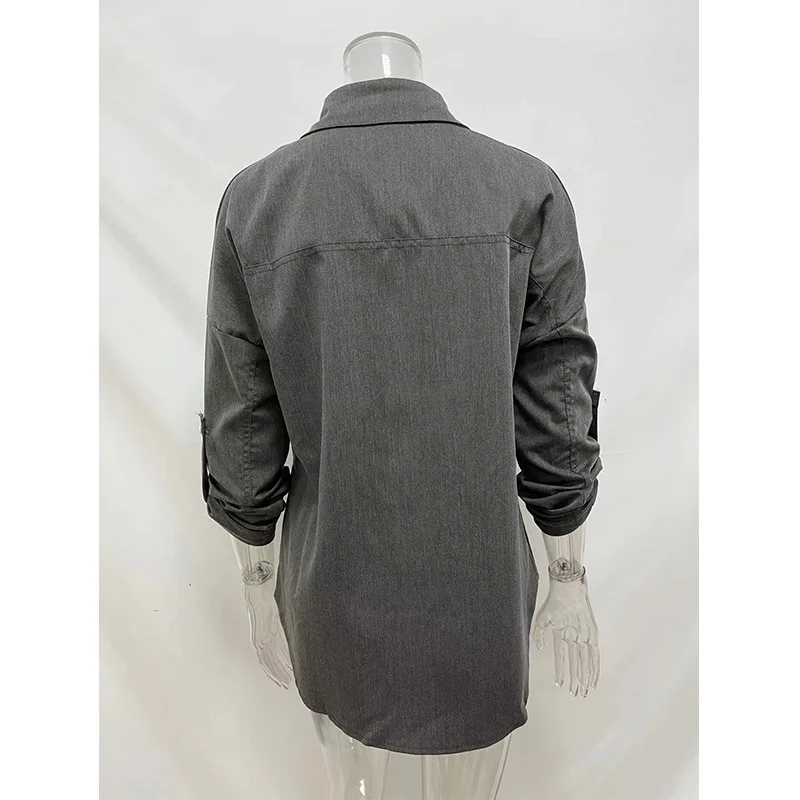 Spring and Autumn New Polo-Neck Splicing Button Blouse Womens Loose Double Pocket Long Sleeve Versatile Casual Solid Color Shirt