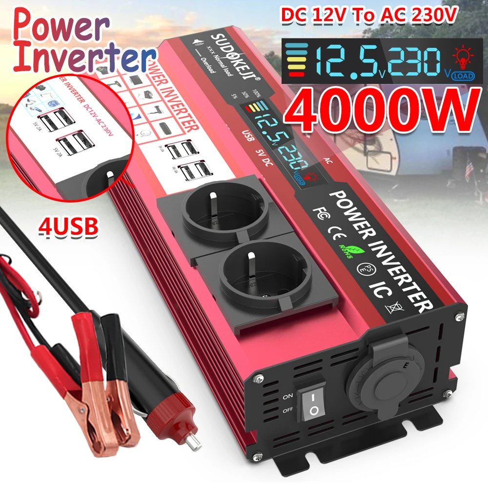 Onduleur 4000W 12V/230V - Onde Sinusoïdale Modifiée - Écran LCD, Télécommande, Ports USB - Pour Camping-car, Voiture - 3