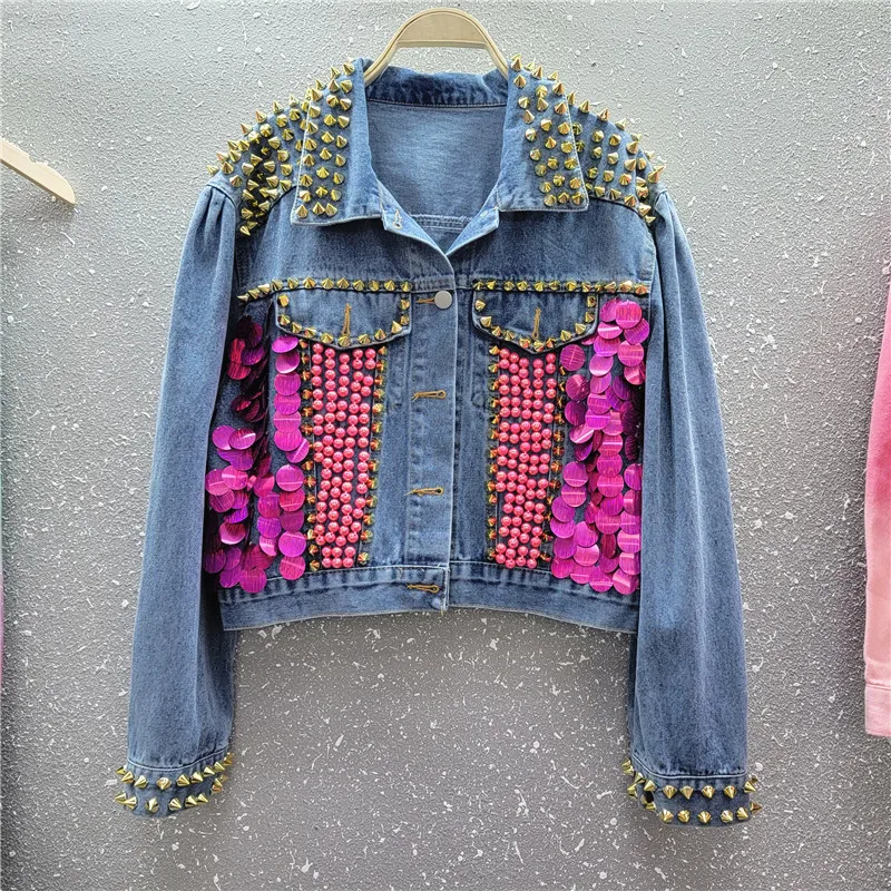 

Heavy Work Rivet Beaded Diamonds Sequins Blue Short Jeans Jacket Women Streetwear Fashion Casual Loose Long Sleeve Jeans Jacket