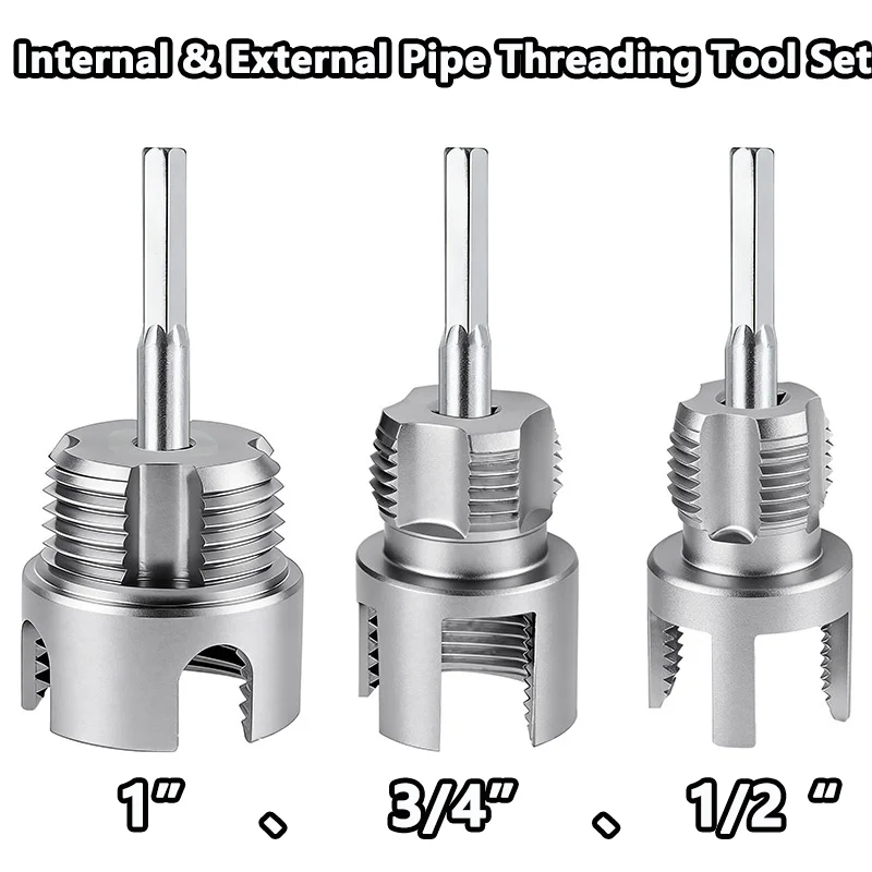 3-teiliges Gewindeschneidwerkzeug-Set für Innen- und Außenrohre, 1/2'' 3/4'' 1'' PVC-Kunststoffrohr-Gewindeschneider-Set, Bohrmaschinen-kompatibles Gewindeschneidwerkzeug