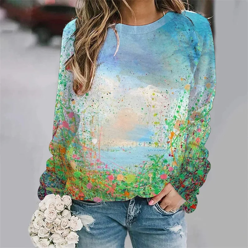 thumbnail image 1 of Nueva camiseta de manga larga con estampado gráfico de pintura al óleo para mujer, camiseta larga de calle con cuello redondo, camiseta holgada Y2k, 1 of 5
