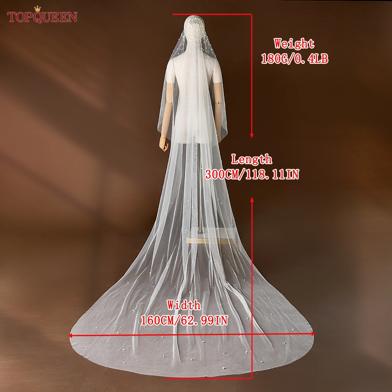TOPQUEEN Perlen Braut Schleier mit Kamm Hochzeit Schleier 1 Tier 3 Meter Luxus Lange Hochzeit Schleier Braut Haar Zubehör Hochzeit v180 – Detail 13