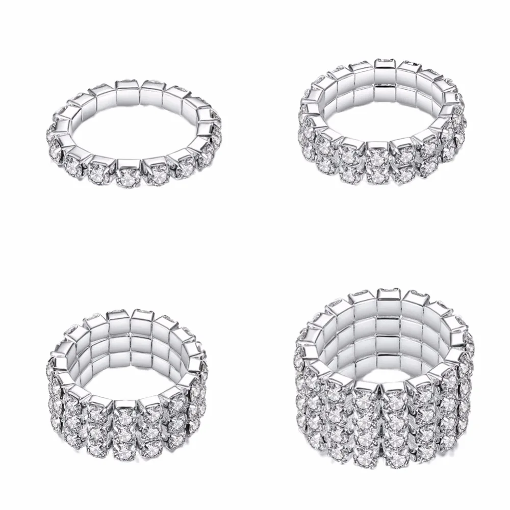 Fashion Style Elastic Silver Plated Tone 3 Row Crystal Rhinestone Finger Ring Toe Ring Bridal Jewelry 1pcs finger ring silver ring zircon crystal ring