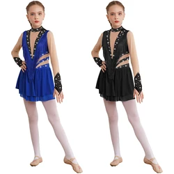 Kids Girls Figure Skating Costume Lyrical Dance Ballet Latin Cha-Cha Dancewear Long Sleeve Tassel Rhinestone Sheer Mesh Dress