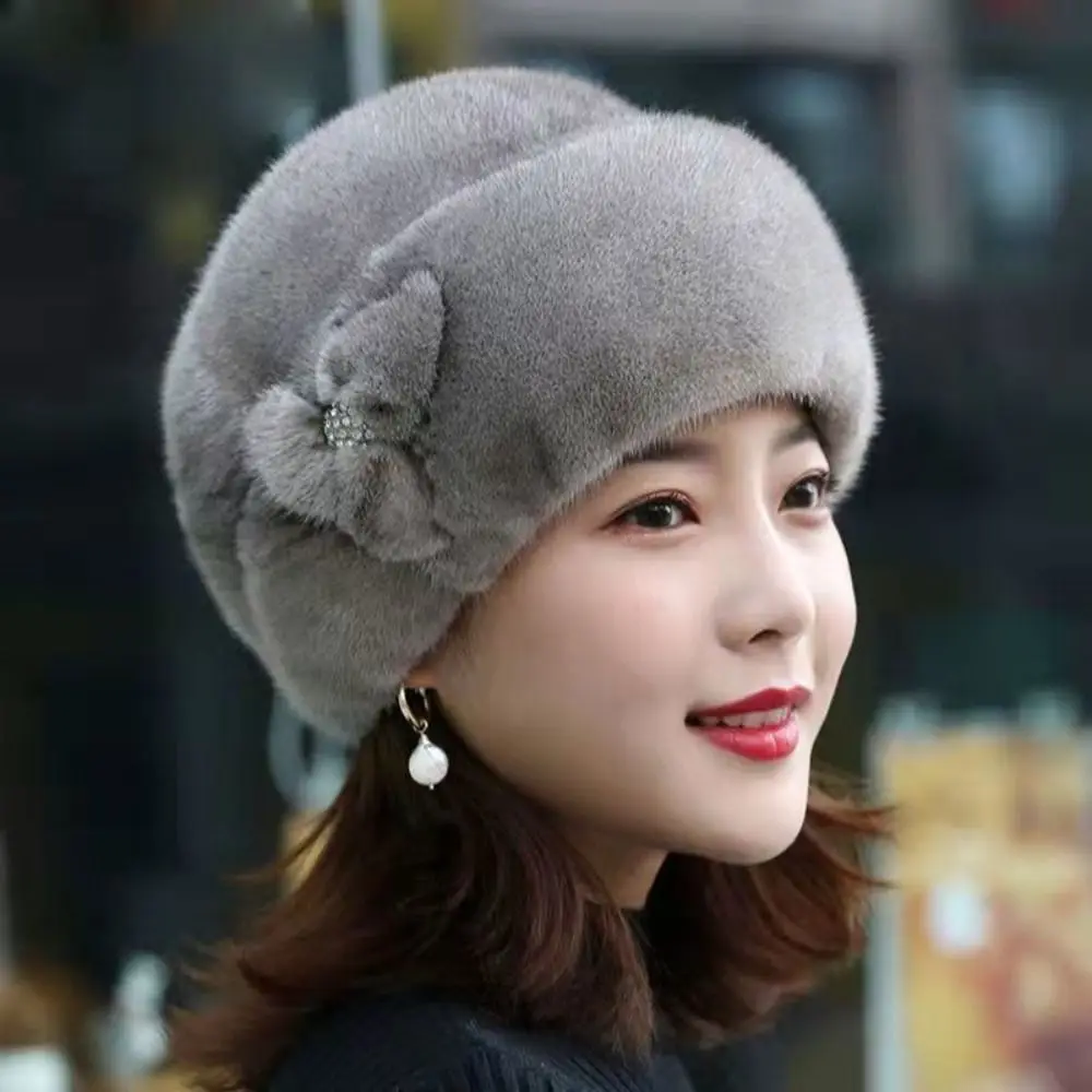 Fashion Faux Rabbit Fur Winter Hat Thickened Flower Decor Bucket Hats Keep Warm Middle-aged Cap Women