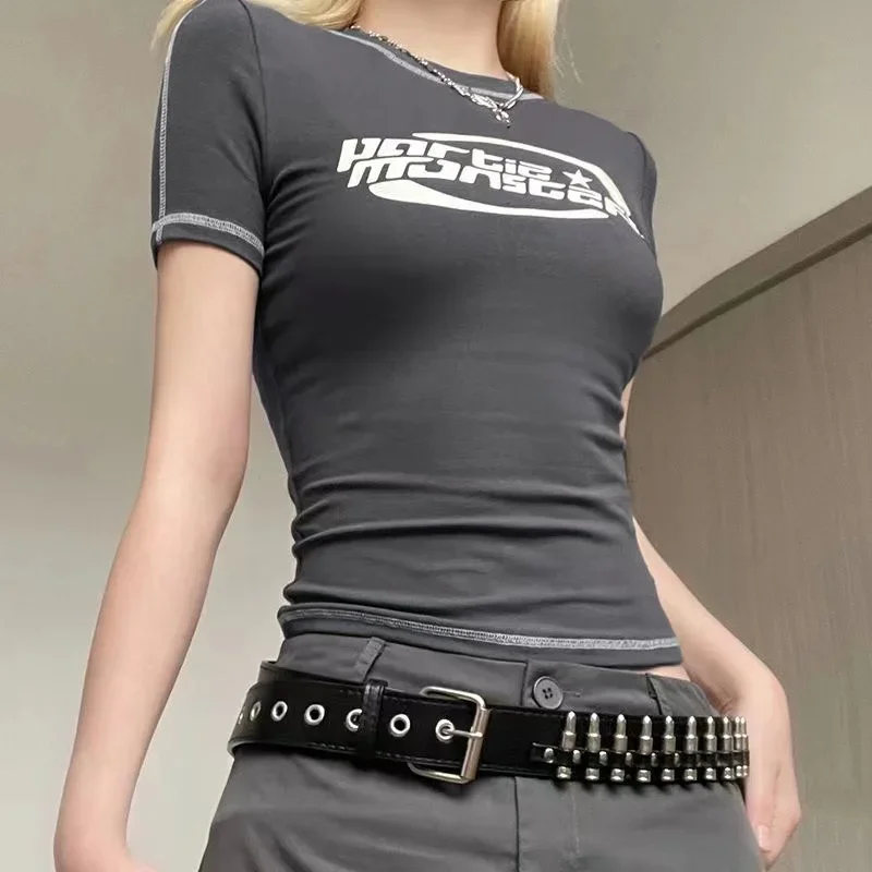 

Women's Gray Letter Printed Short Sleeve T-Shirt, Y2K Streetwear, Graphic T Shirts, Harajuku Shirts, Fashion, INS, 2023