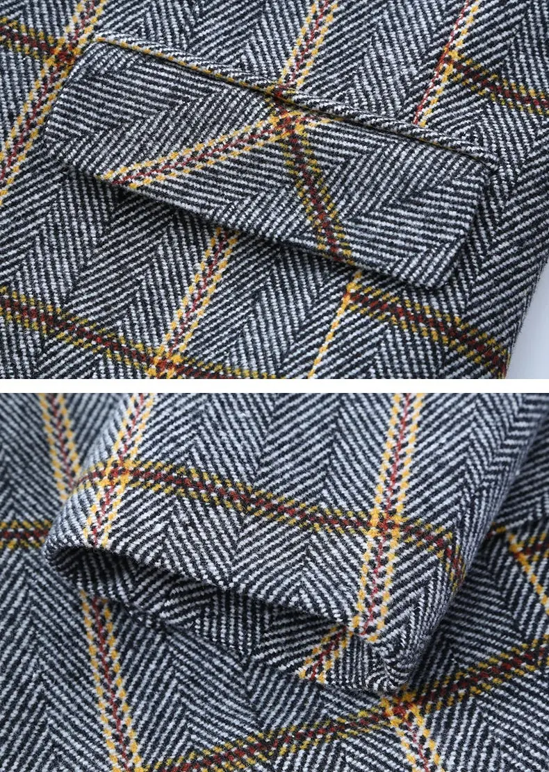 Hochwertige Herren-Wollmäntel mit Karomuster, Winter, Business-Casual, kariert, Baumwolle, dick, Windjacke, Jacken, Oberbekleidung, schmaler, warmer Mantel – Detail 21