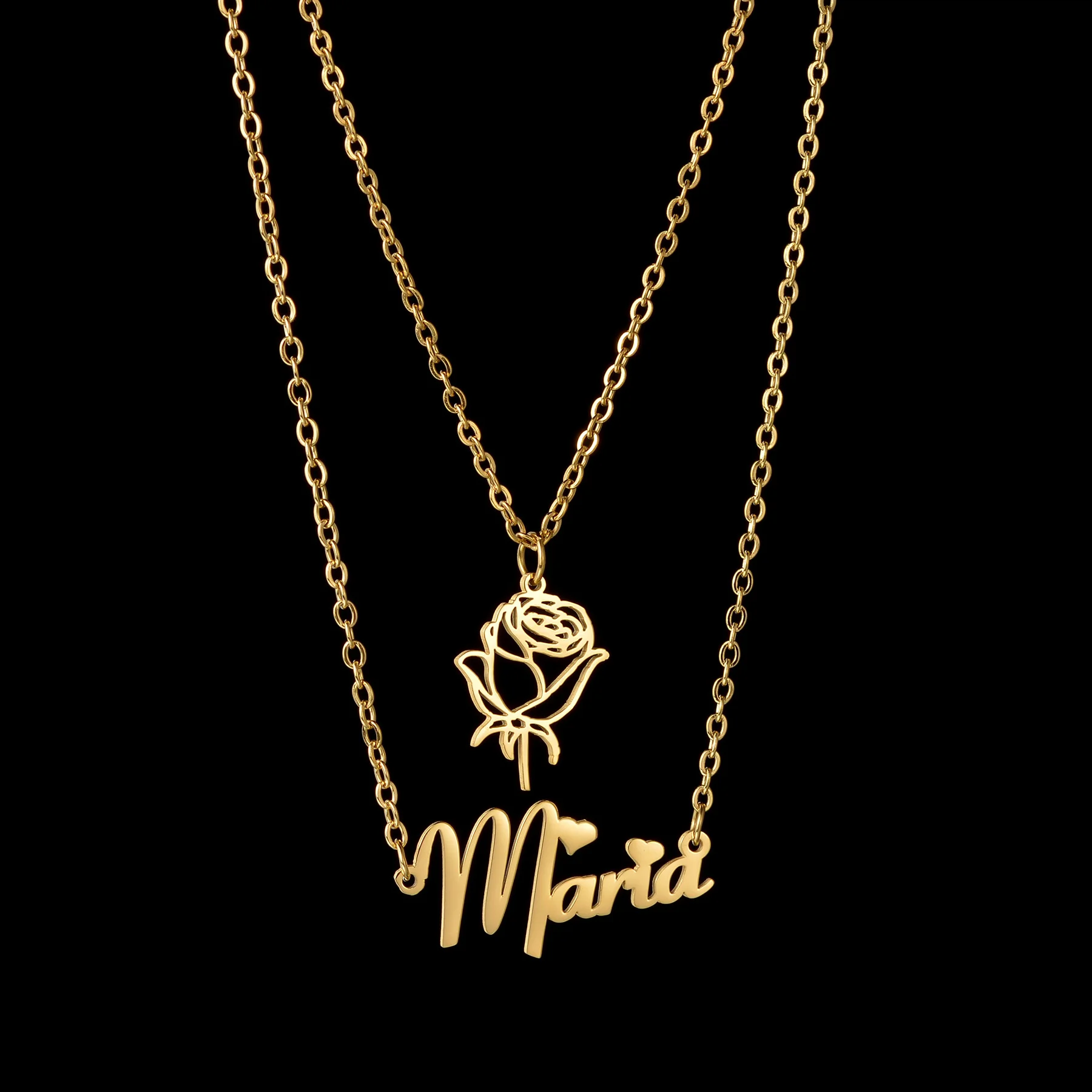 

Acheerup Personalized Name Double Layers Necklace Stainless Steel for Women Customized Birth Month Flower Pendant Birthday Gift