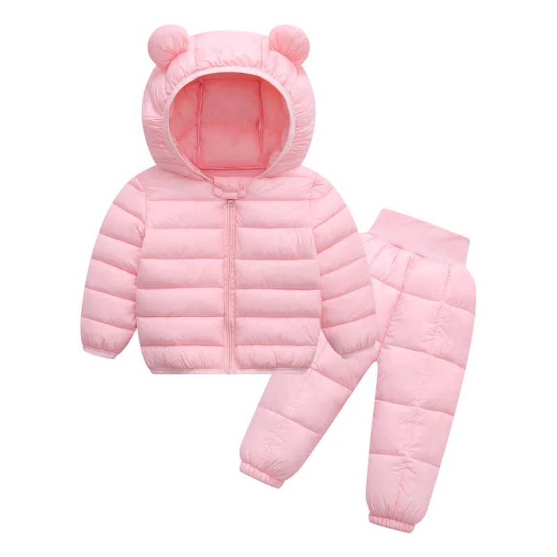 1-4Y Kids Bear Ear Hooded Puffer Set Solid Color Toddler Warm Coat and Pants 2 - Piece Outfit