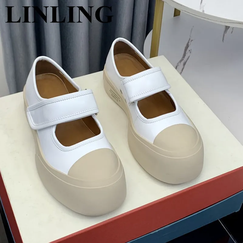 

2023 Spring New Women Flats Shoes Fashion Leather Round Toe Hook Loop Ladies Casual Shoes Thick Sole Platform Mary Janes Shoes