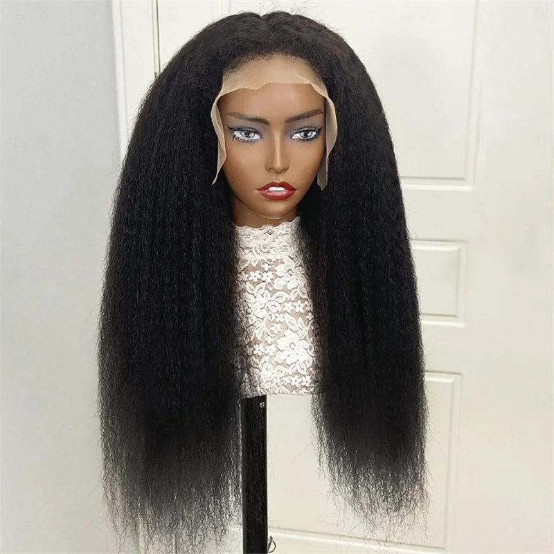 

Yaki Natural Black Kinky Straight Preplucked 180Density 26Inch Lace Front Wig For Women BabyHair Heat Resistant Glueless Daily