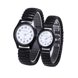 Chic Unisex Quartz Watches Set with Arabic Numerals and Stylish Elastic Straps (Black 1 Pair)