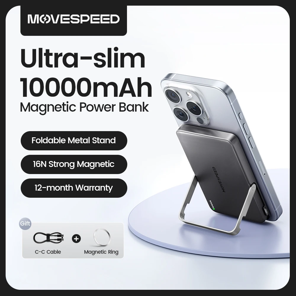 power bank MOVESPEED S10Pro Magnetic Power Bank 10000mAh Wireless Portable External Battery with Stand for MagSafe PowerBank for iPhone 16